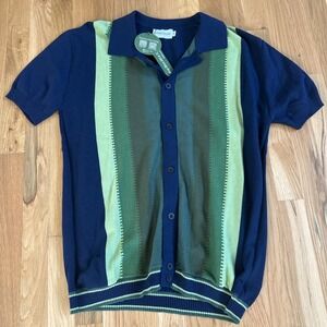 OXKnit 70s Retro Style Stripe'SS Button-Front Polo Cardigan Sweater Navy NWT  XL
